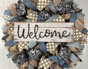 Farmhouse wreath, Blue and white burlap wreath , year round wreath, grey everyday wreath, door wreath, front door wreath, door wreath