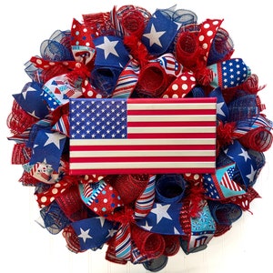 Patriotic Wreath: Red White & Blue Deco Mesh, 4th of July Decor