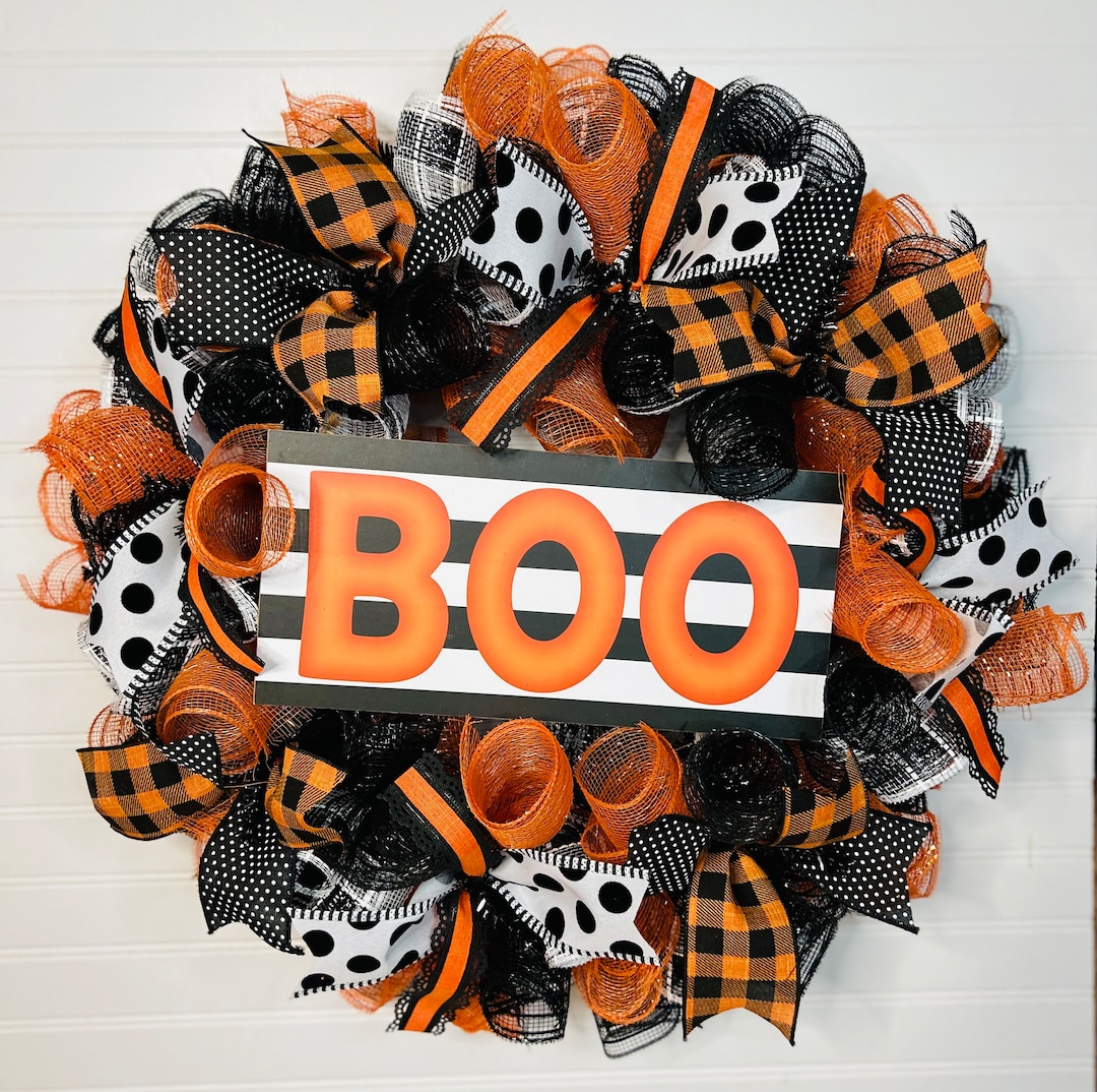 Halloween Mesh Front Door Wreath - Orange and Black Wreath for ...