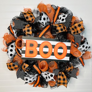 Halloween mesh front door wreath - orange and black wreath for Halloween - halloween wreaths - buffalo plaid wreath for Halloween -