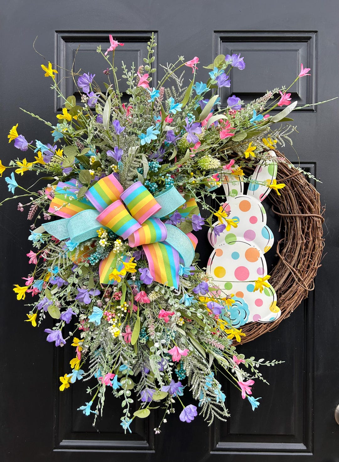 Easter Bunny Floral Wreath, Spring Front Door Decor, Grapevine Wreath ...
