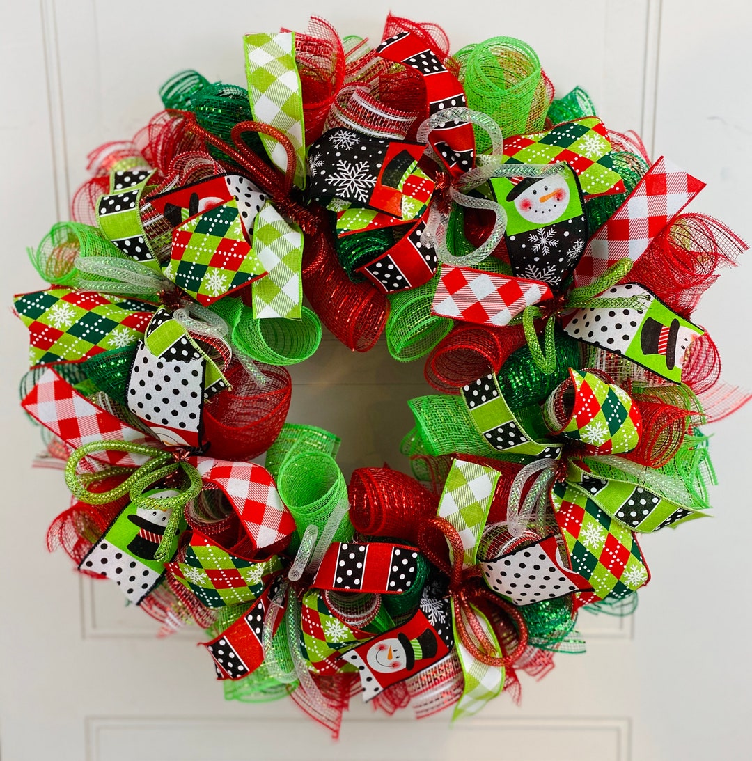 Red and Green Christmas Wreath – Holiday Deco Mesh Door Decor - Etsy
