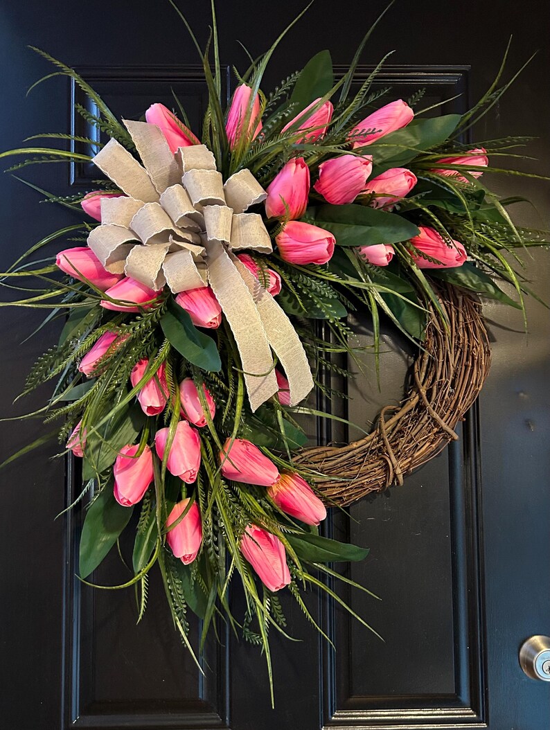 Pink Tulip Spring Wreath for Front Door, Grapevine Floral Door Wreath ...