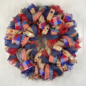 Fourth of July wreath, Americana wreath, patriotic mesh wreath, rustic patriotic wreaths for front door, July 4th wreath, summer wreath