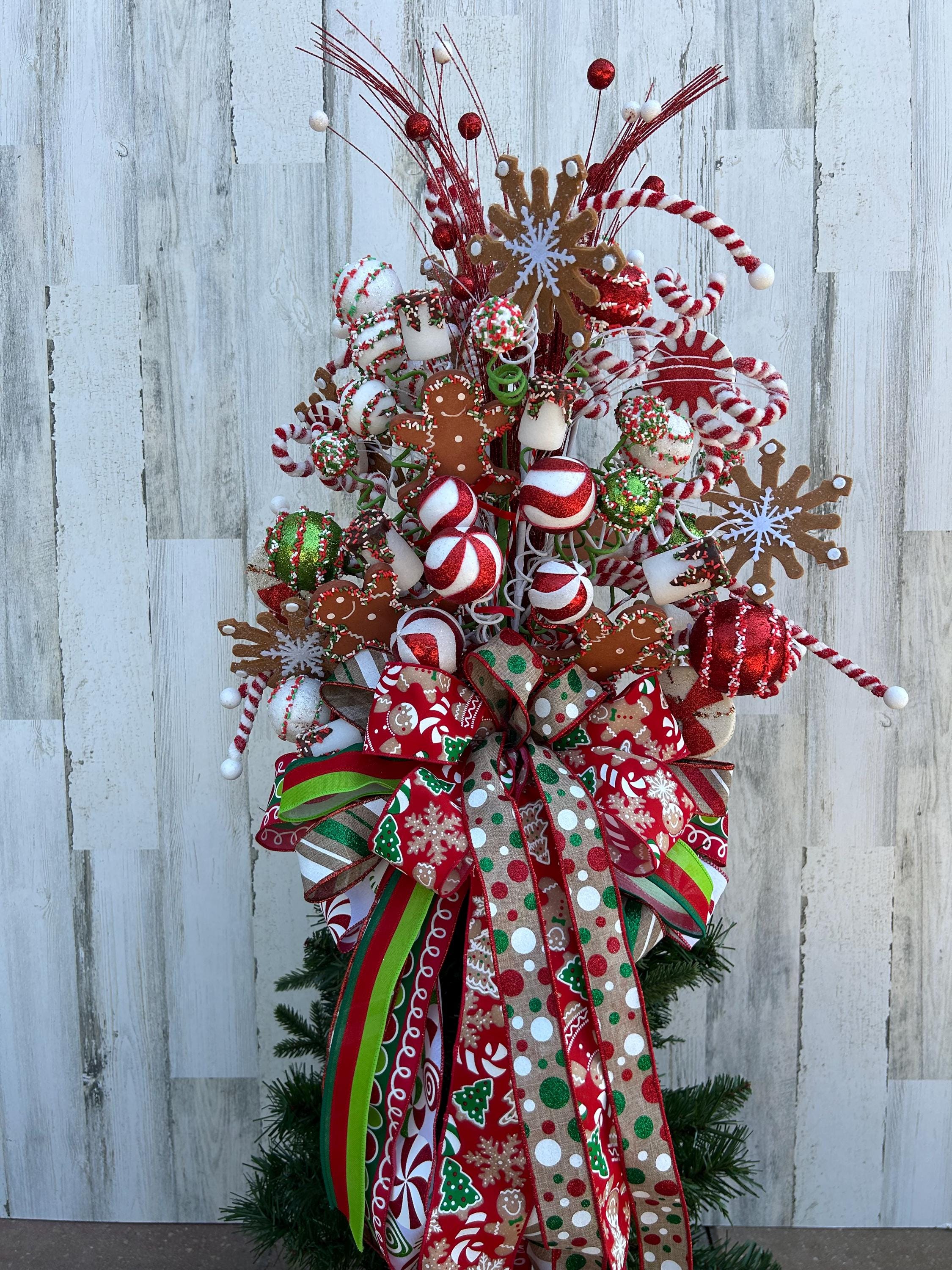 Gingerbread Man Christmas Tree Topper - Large Red Velvet Top Hat With Long Ribbon