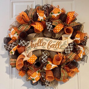 Fall Thanksgiving Mesh Front Door Wreath - Orange Brown Burlap Wreath ...