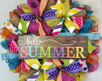 Hello Summer Wreath, Colorful Deco Mesh, Front Door Decor