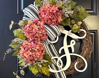 Hydrangea Grapevine Wreath: Personalized Monogram Door Decor