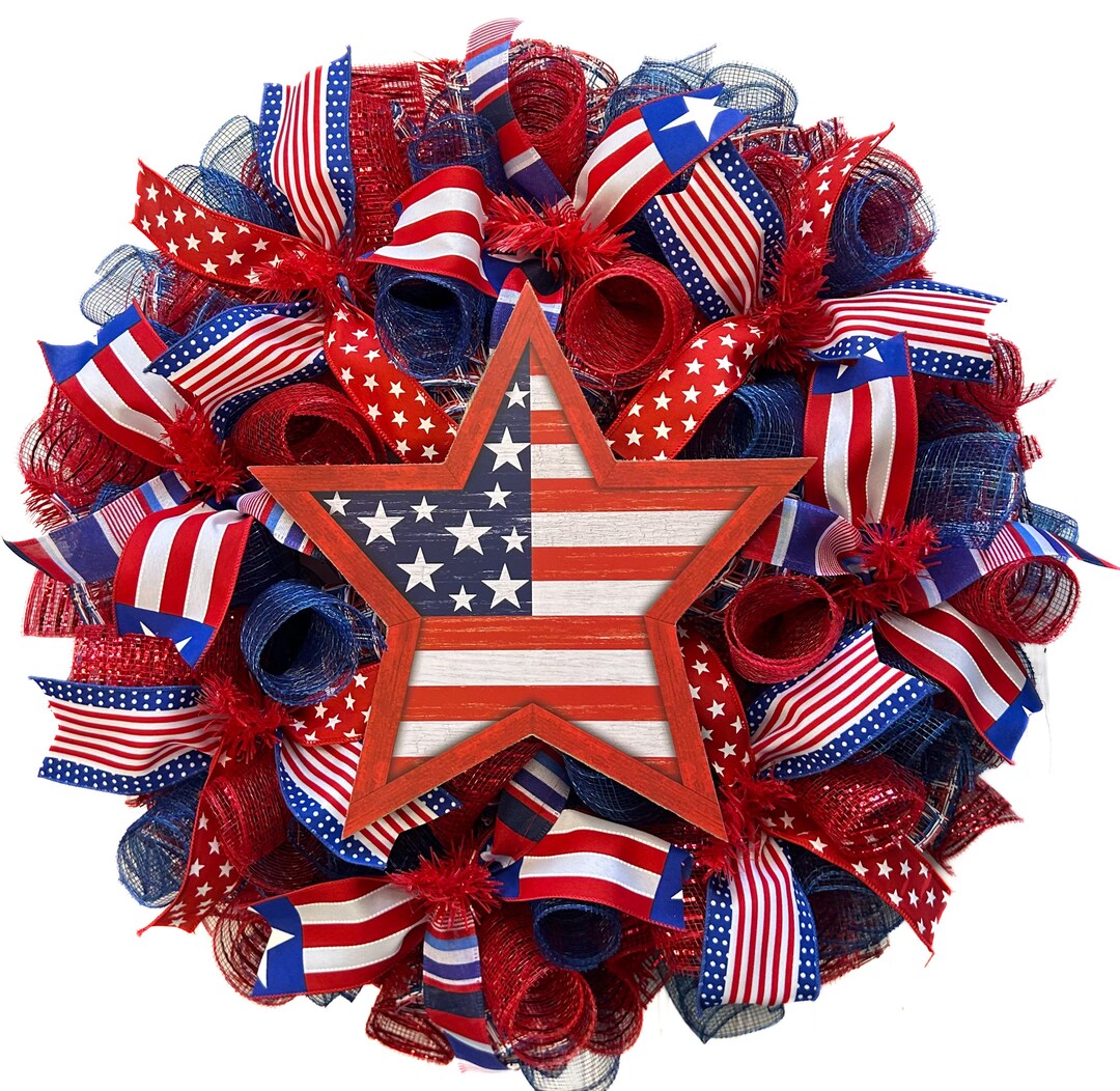 Patriotic Wreath: Red White Blue Deco Mesh, American Flag Star - Etsy