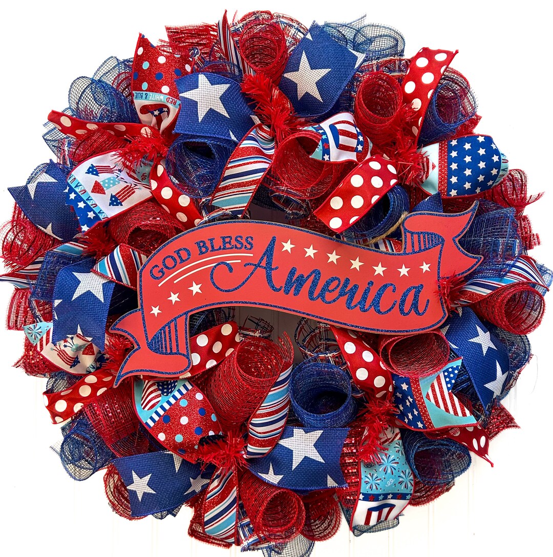 Patriotic Wreath: Red White Blue Deco Mesh, 4th of July Decor - Etsy