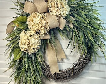 Year Round Wreath, Everyday Wreaths, Hydrangea Wreath, Front Door Wreaths, Farmhouse Decor, Gift, Unique, Home Decor, farmhouse wreaths