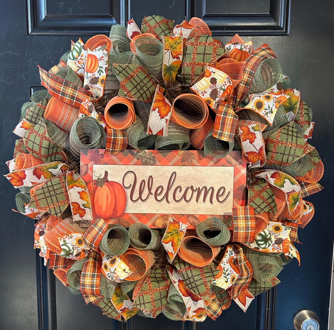 Fall Thanksgiving Mesh Front Door Wreath - Orange Brown Burlap Wreath ...