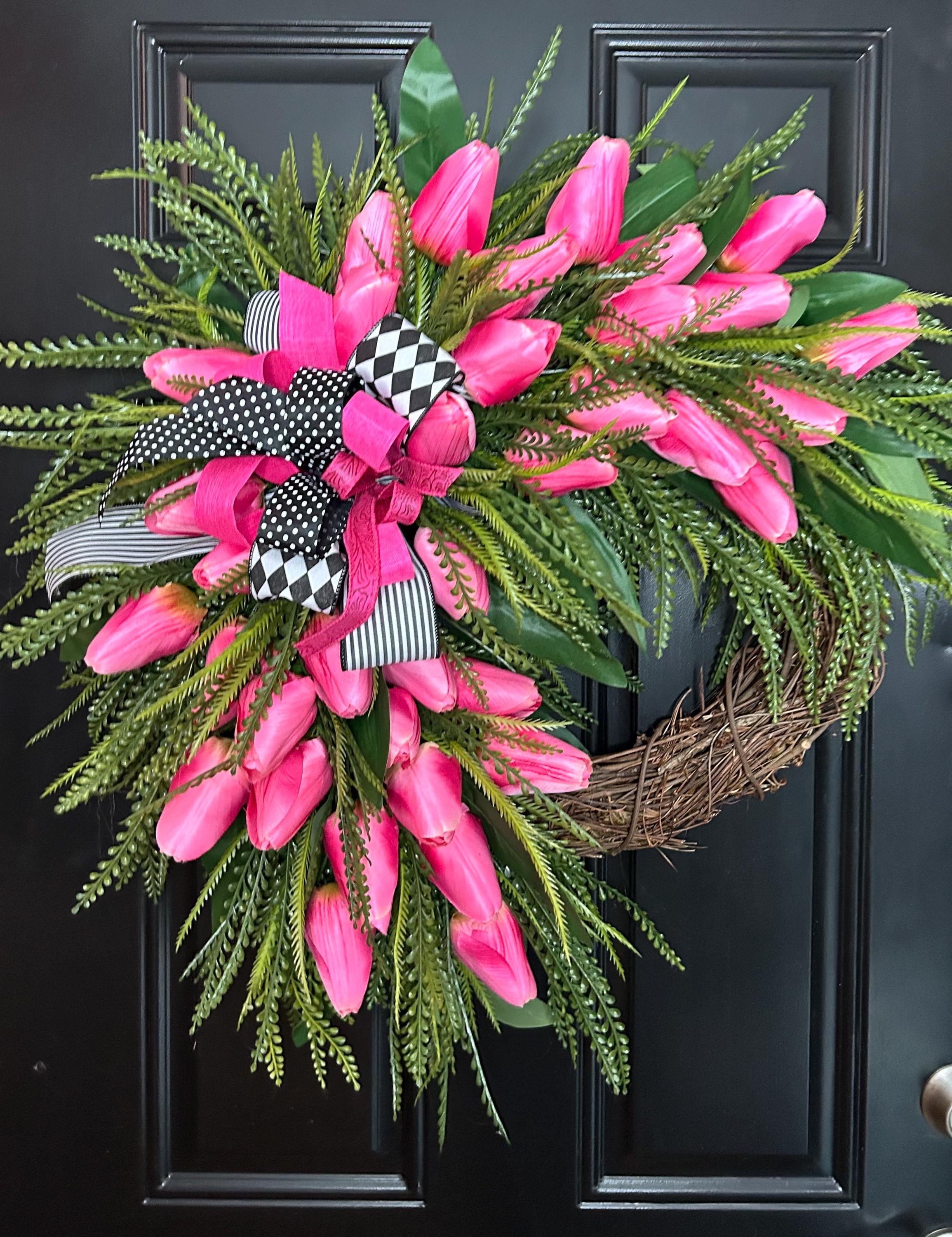 Pink Tulip Wreath, Black and White Bow, Spring Door Decor - Etsy