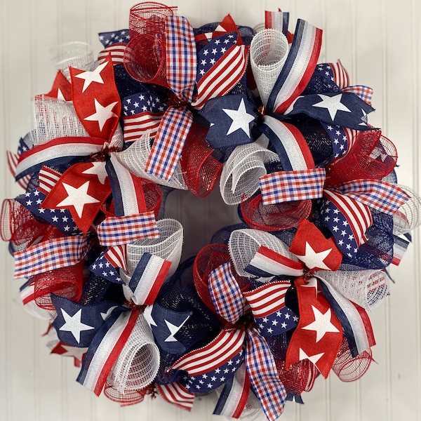 Red White Blue Wreath, 4th of July Wreath, Independence Day Decor, Memorial Day, Patriotic Wreath, Flag Wreath, Summer Front Door Wreath