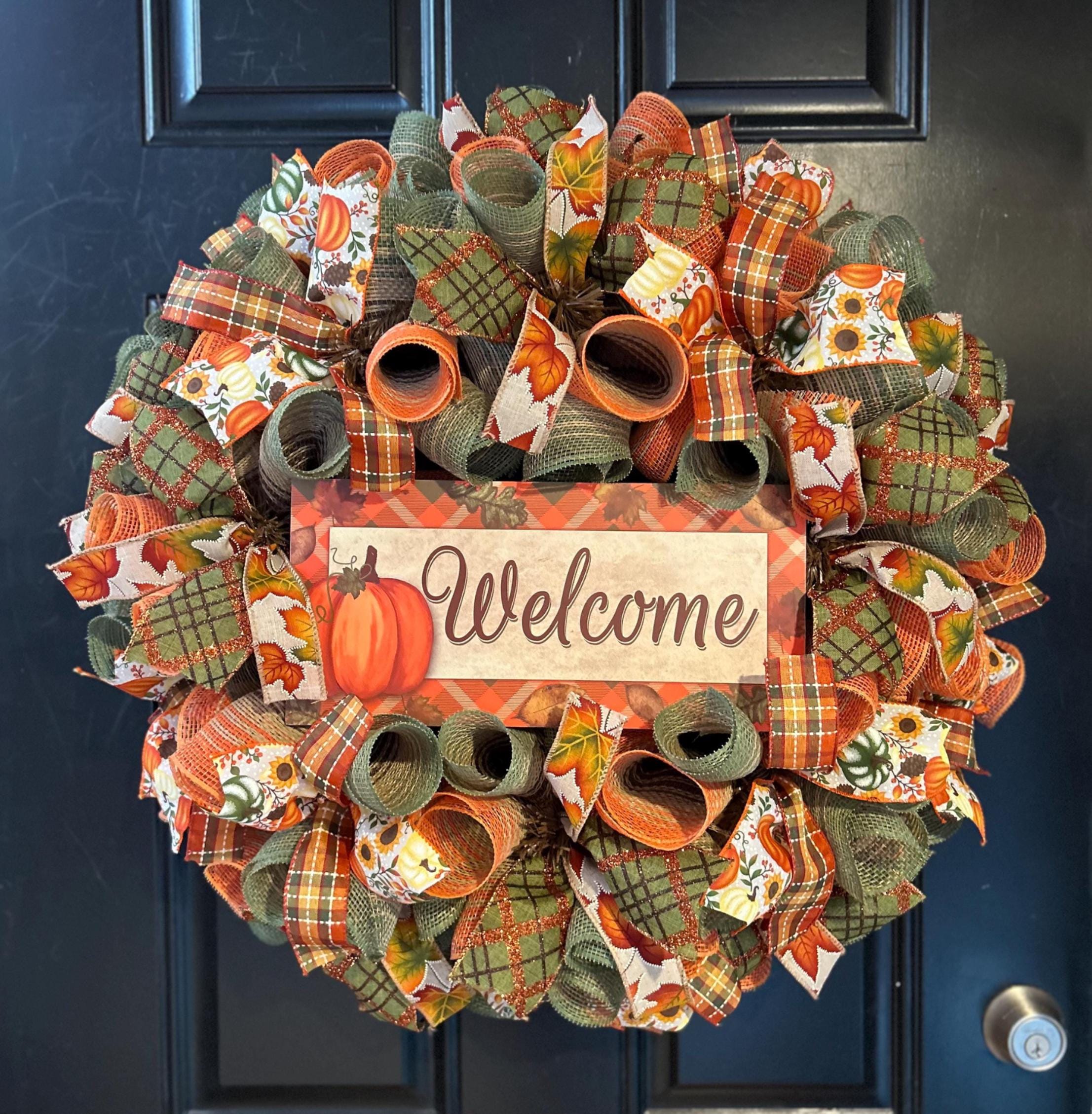 Fall Thanksgiving Mesh Front Door Wreath - Orange Brown Burlap Wreath ...
