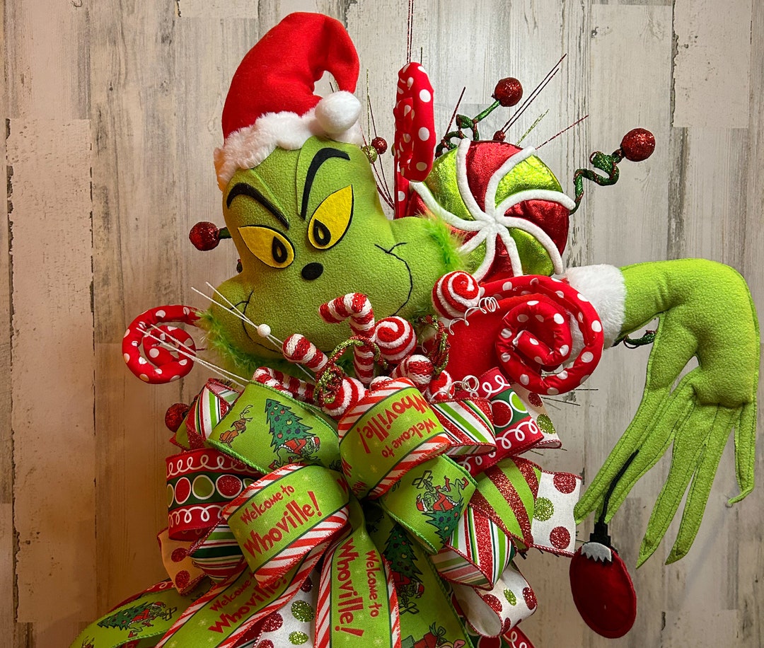 Extra Large Grinch Christmas Tree Topper, Large Grinch Bow, Decorated Grinch Tree Topper, Grinch