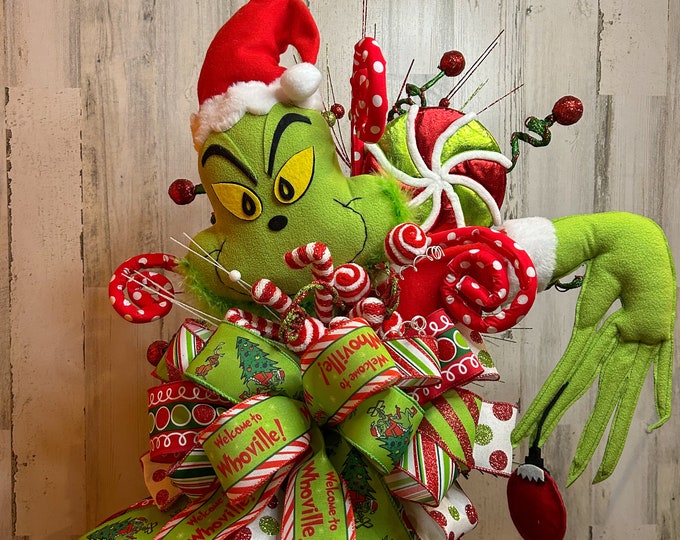 Extra Large Grinch Christmas Tree Topper, Large Grinch Bow, Decorated