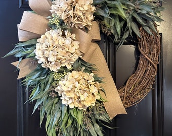 Wreaths for Front Door Year Round - gift -Outdoor Hydrangeas Wreath  - All Season eucalyptus wreath -  summer wreath, everyday wreath, decor