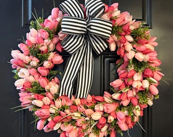 Pink Tulip Wreath with Boxwood: Spring Front Door Decor