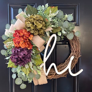 Hydrangea Grapevine Wreath with Monogram: Front Door Decor