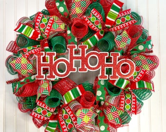 Whimsical Christmas Wreath: Red & Green Deco Mesh, Santa Claus Decor