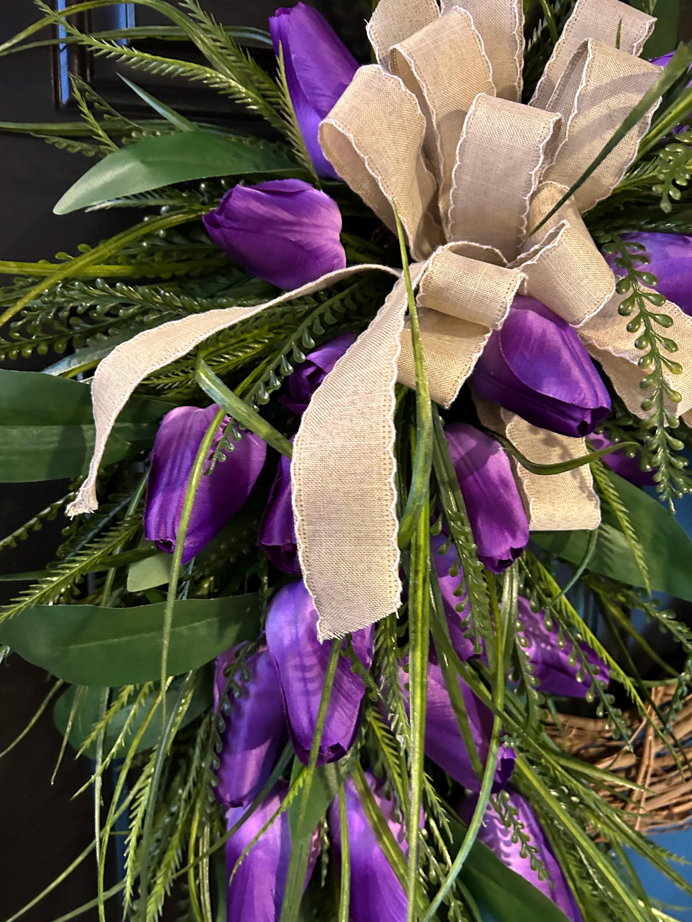 Purple Tulip Spring Wreath for Front Door, Grapevine Floral Door Wreath ...
