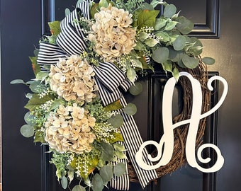 Hydrangea Grapevine Wreath: Personalized Monogram Door Decor