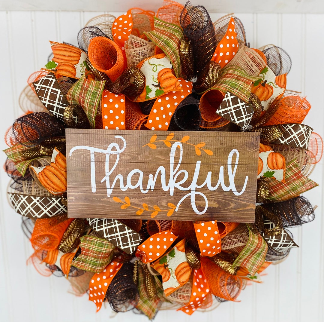 Fall Thanksgiving Deco Mesh Front Door Wreath - Orange Brown Burlap ...