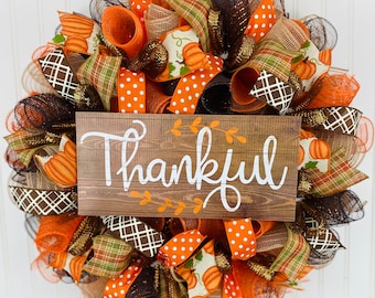Fall Thanksgiving Deco Mesh Front Door Wreath - Orange Brown Burlap Wreath for Fall - Burlap Thanksgiving wreath Harvest wreath - fall