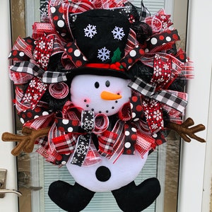 Snowman wreath, Christmas wreath, winter wreath, Buffalo plaid wreath, snowman door decor, snowman door wreath, front door wreath, mesh