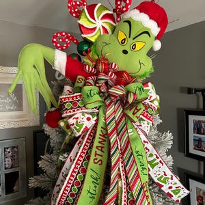 Extra large grinch Christmas tree topper, large grinch bow, decorated grinch tree topper, grinch Christmas tree decor, whimsical bow