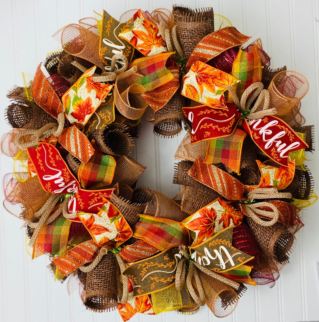 Fall Thanksgiving Mesh Front Door Wreath - Orange Brown Burlap Wreath ...