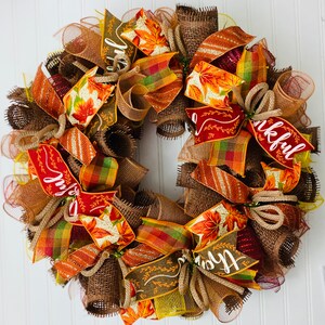 Fall Thanksgiving Burlap Wreath – Orange Brown Mesh Door Decor