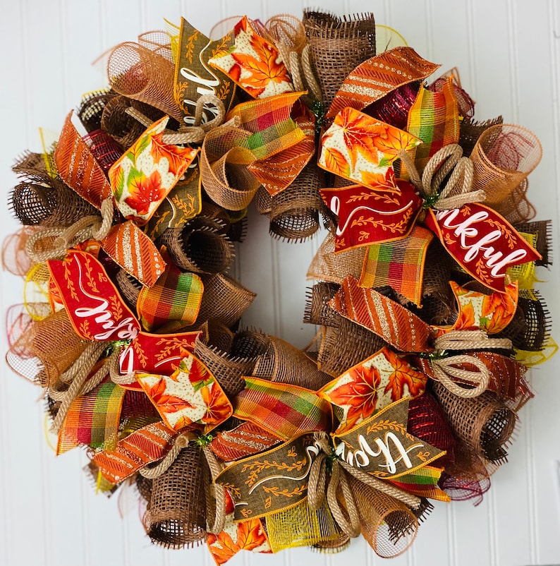 Fall Thanksgiving Burlap Wreath – Orange Brown Mesh Door Decor - Etsy