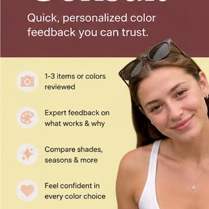 Może przedstawiać: Pionowa grafika z tekstem "MINI Color Consult" i kobietą w okularach przeciwsłonecznych. Grafika podkreśla spersonalizowane informacje zwrotne dotyczące kolorów, przegląd 1-3 przedmiotów, opinie ekspertów i pewność wyboru kolorów.