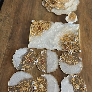 Resin set (3 tier cake stand - tray- 6 coasters- heart bowl  ) white and gold flakes, artificial flowers and pearls