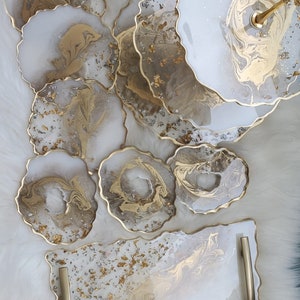 Resin set (3 tier cake stand - tray- 6 coasters )white and gold and gold and silver flakes geode set
