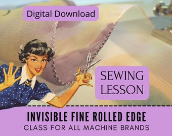 Borde crudo enrollado invisible Aprende a coser, lección y libro electrónico, vídeo tutorial, tela transparente de algodón de seda, costura tradicional, confección de ropa