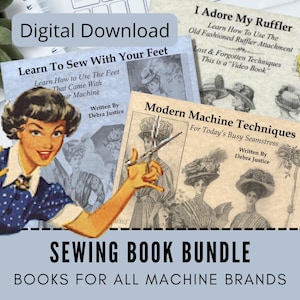 Peut inclure: Un lot de trois livres de couture vintage en téléchargement numérique. Les livres sont intitulés "Apprendre à coudre avec ses pieds", "J'adore mon fronceur" et "Techniques de machine modernes". Les livres présentent des illustrations de femmes portant des chapeaux et des robes. Le lot est pour toutes les marques de machines.