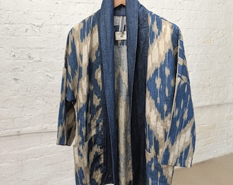 Bohemian Ikat linen printed jacket with denim mix and match, medium weight 100% Linen, Ikat cover-up, Linen blazer,Linen jacket with pockets