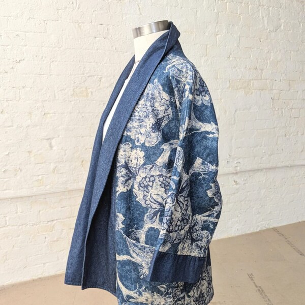 Stylish Bohemian Jacket, Vintage washed-out indigo floral, mix & match soft denim/organic cotton, medium weight,easy to wear casual cardigan