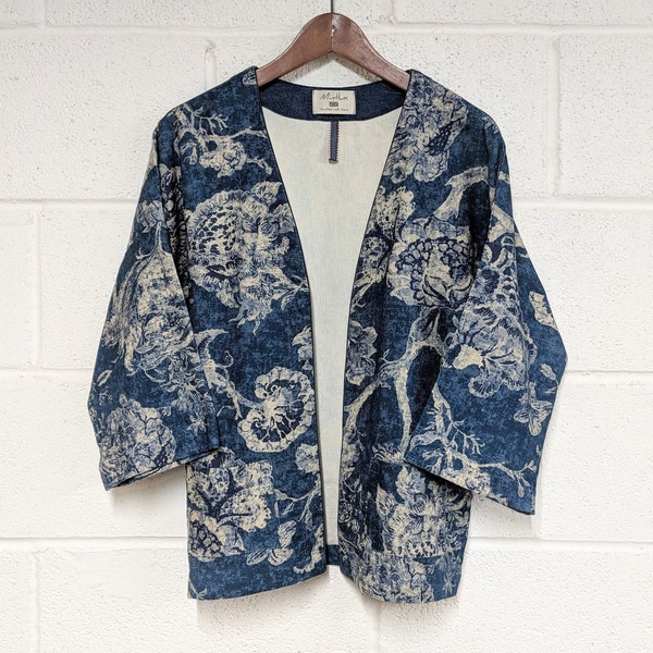 Bohemian Style floral indigo printed jacket, Organic cotton soft medium weight,easy to wear cover-up or as a casual cardigan with your jeans