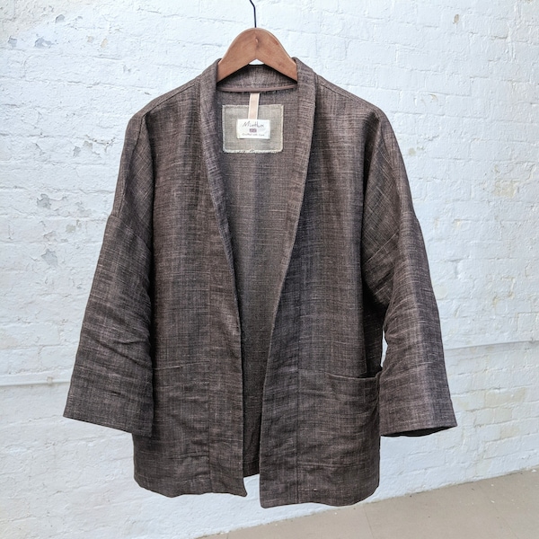 Men's Linen Haori Kimono jacket, walnut soft med/heavy European Linen, Formal jacket, Casual yet smart pure linen jacket with pockets.