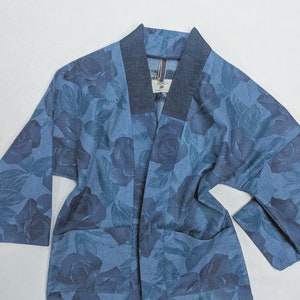 Denim Kimono woman's Jacket, Haori Indigo printed Jacket, Hand crafted vintage Indigo printed minimalist Jeans Jacket, casual boxed jacket