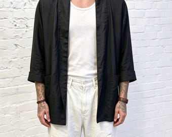 Black Unisex Elegant Herringbone Linen Kimono Jacket, Relaxed Fit, Handmade Sleeve Option