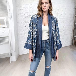 Bohemian Indigo Floral Cotton Denim Jacket, Relaxed Fit, 3/4 Sleeve Cover-up Cardigan