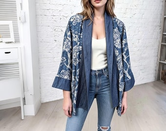 Kurtka jeansowa z bawełny w stylu boho w kolorze indygo z kwiatowym wzorem, luźny krój, kardigan z rękawami 3/4