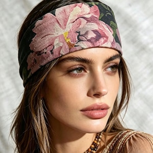May include: A wide fabric headband featuring a dark black background with a large, detailed floral print in shades of dusty pink, mauve, and hints of yellow. The floral pattern covers the entire surface of the band, which is worn across the forehead.