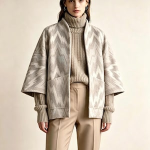 May include: A beige and cream open-front jacket with a chevron pattern, featuring wide three-quarter length sleeves, worn over a beige ribbed turtleneck sweater and paired with tailored beige trousers. The jacket includes two front patch pockets.