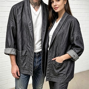 Minimalist Indigo Denim Jacket, Unisex Shawl Collar, 100% Cotton, Soft Prewashed Denim Blazer